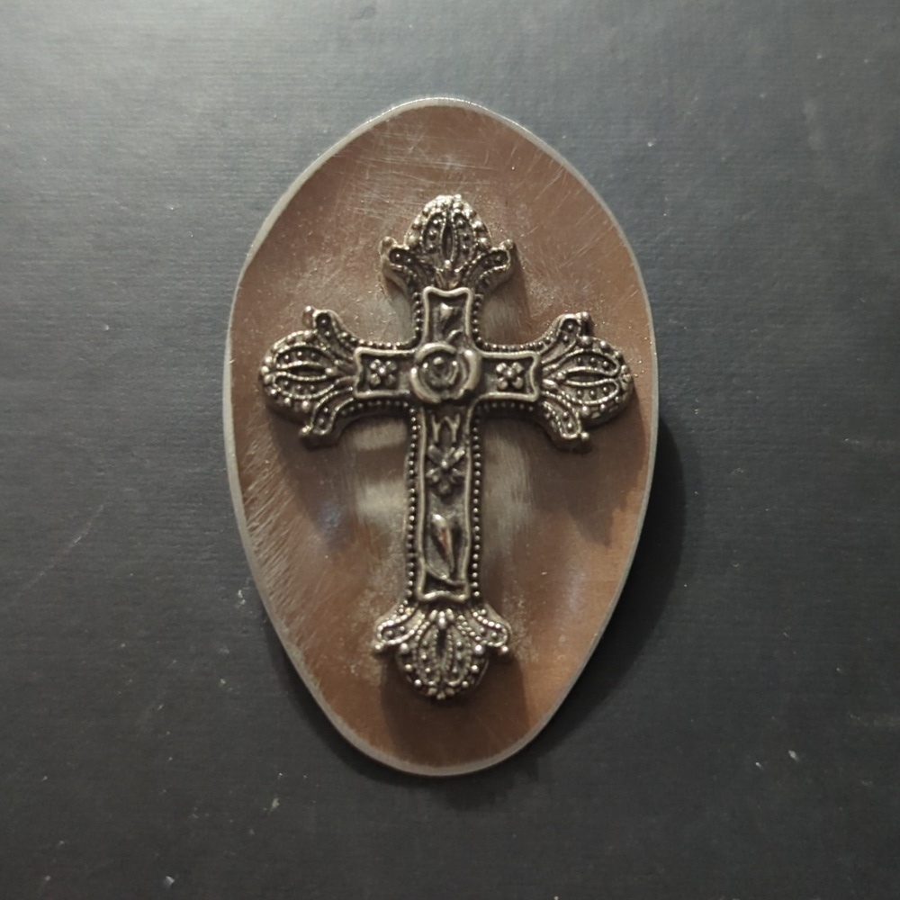 Antiqued Silver Tone Cross Crucifix Oval Statement Brooch Pin
